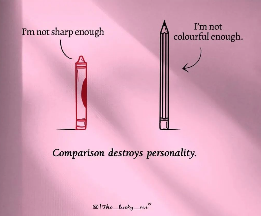 crayon saying Im not sharp enough next to a pencil saying I'm not colourful enough