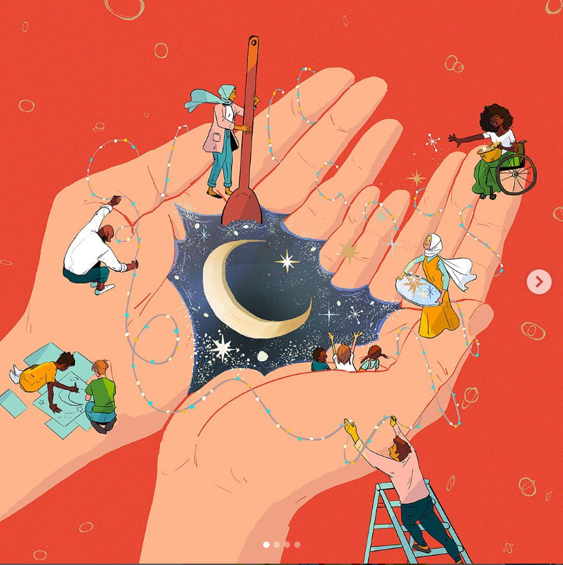 illustration of cupped hands holding water, a crescent moon and stars surrounded by diverse characters evoking self-love.